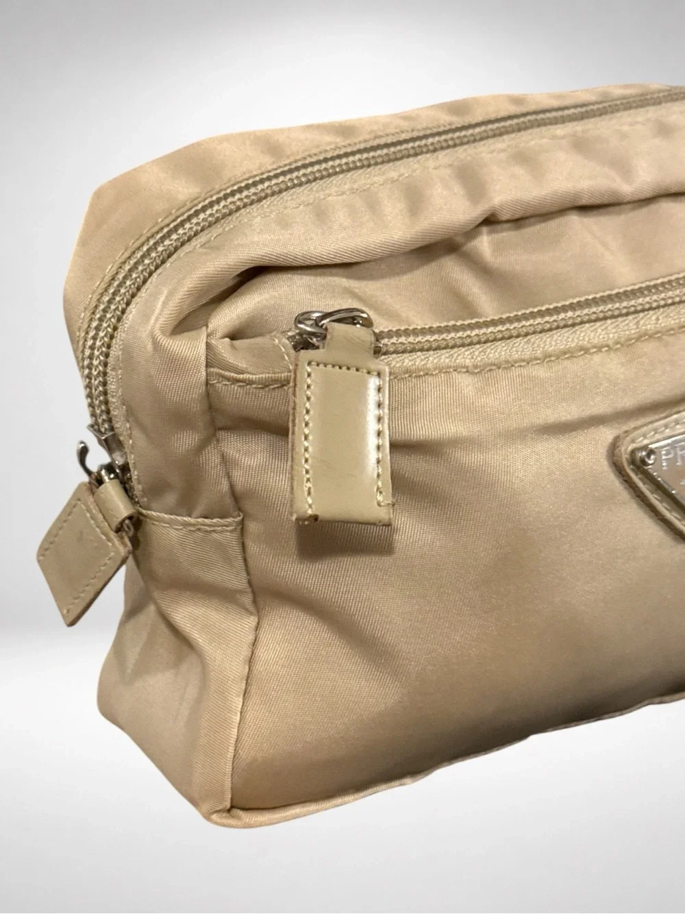 PRADA Authentic Nylon Cosmetic Pouch Beige Zip Makeup Travel Toiletry Bag